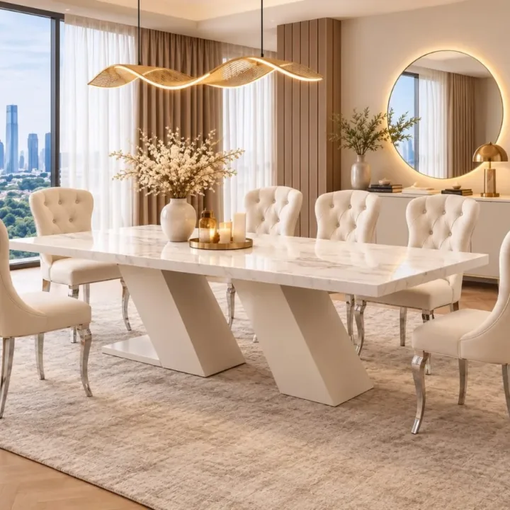 Prestige Marble Dining Table Set with 6-Seater Tufted Chairs