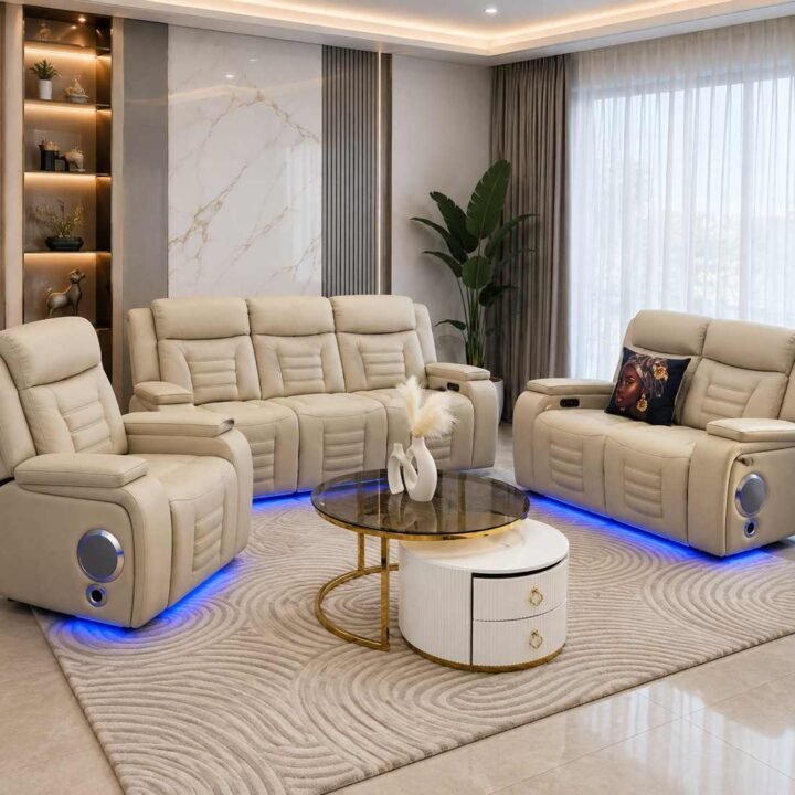 Elite Beige Leather Recliner Set with Designer Coffee Table