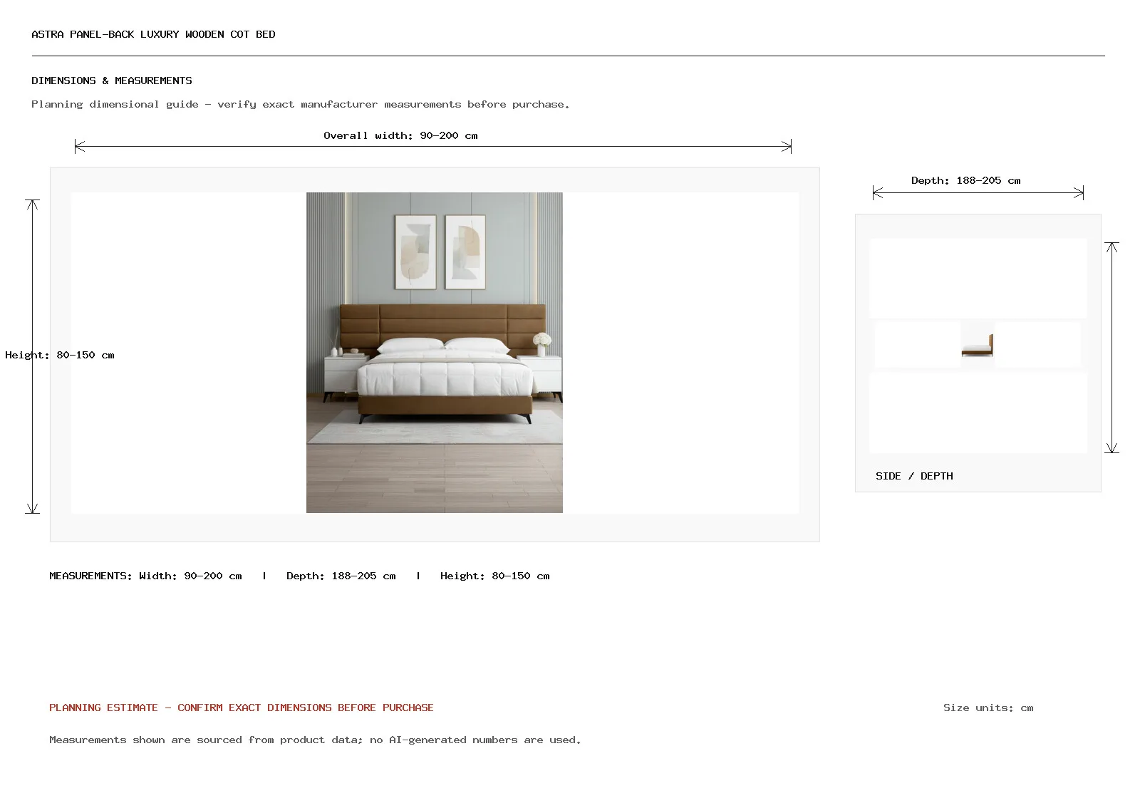 Astra Panel-Back Luxury Wooden Cot Bed Dimension