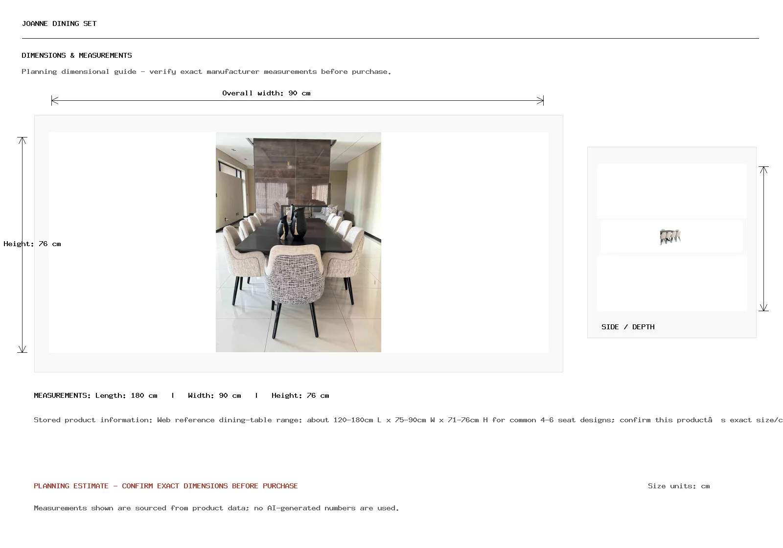 JOANNE Dining Set Dimension