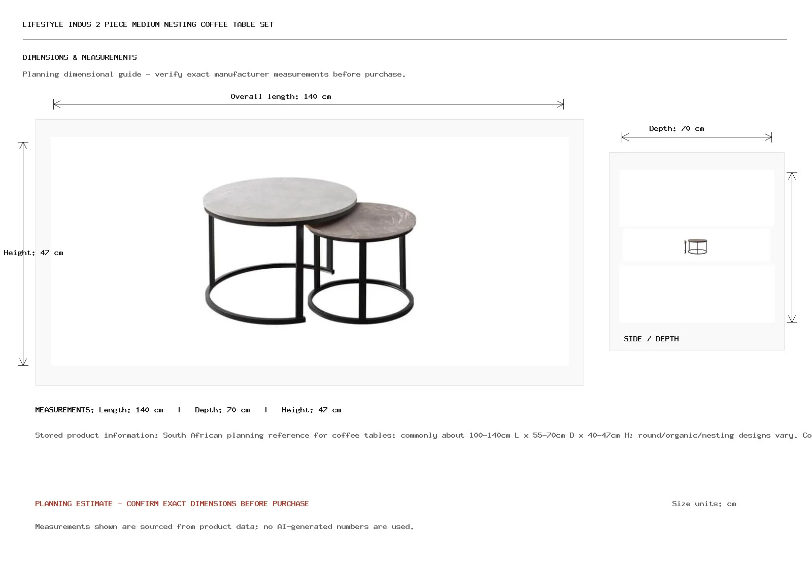 Lifestyle Indus 2 Piece Medium Nesting Coffee Table Set Dimension