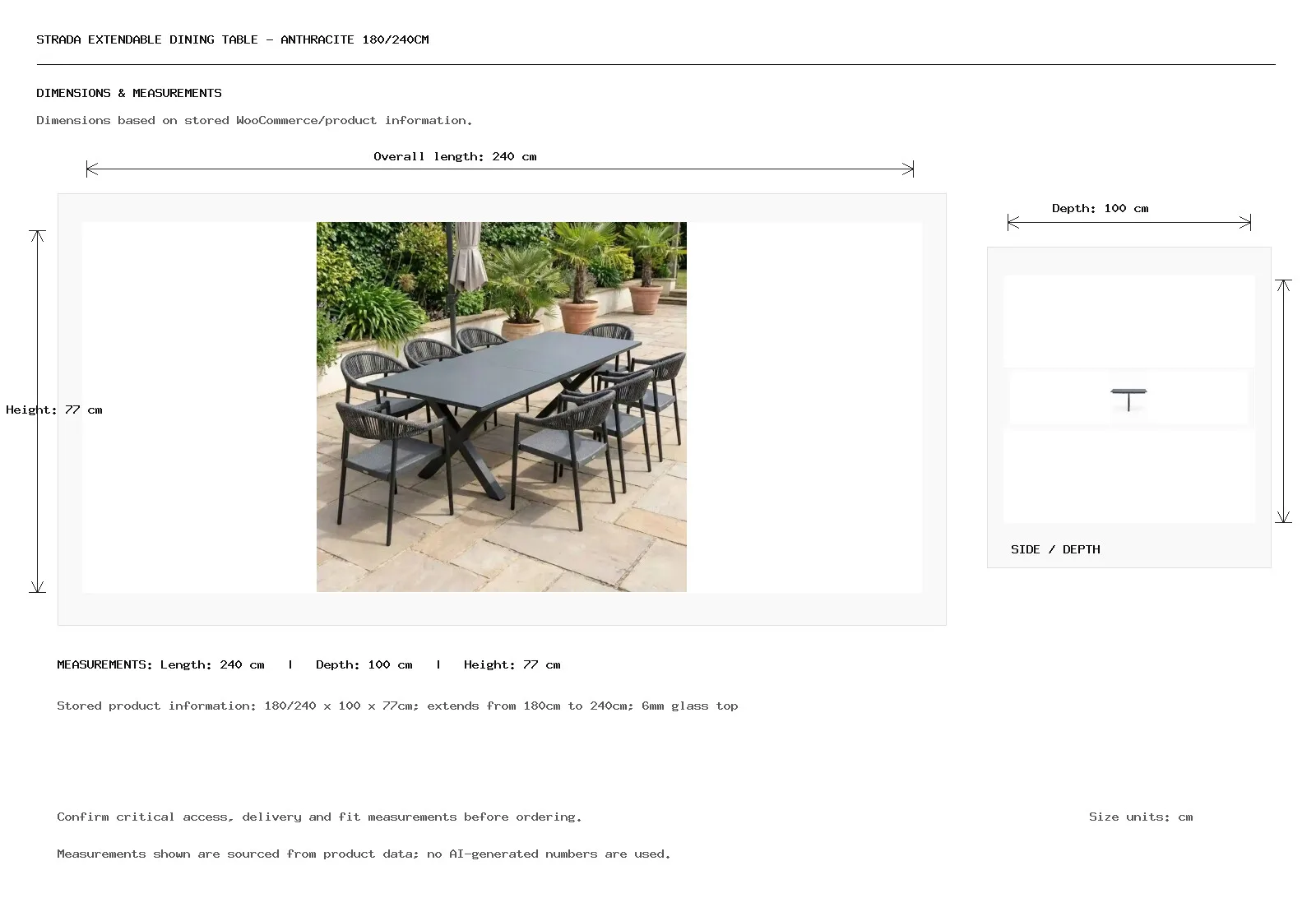 Strada Extendable Dining Table – Anthracite 180/240cm Dimension