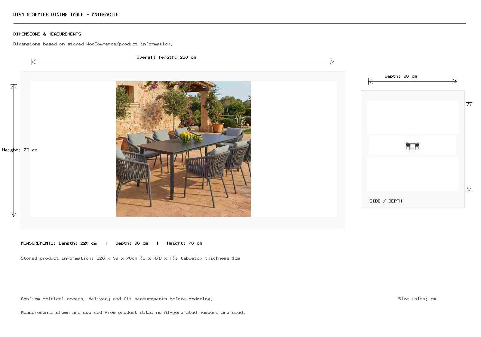 Diva 8 Seater Dining Table – Anthracite Dimension