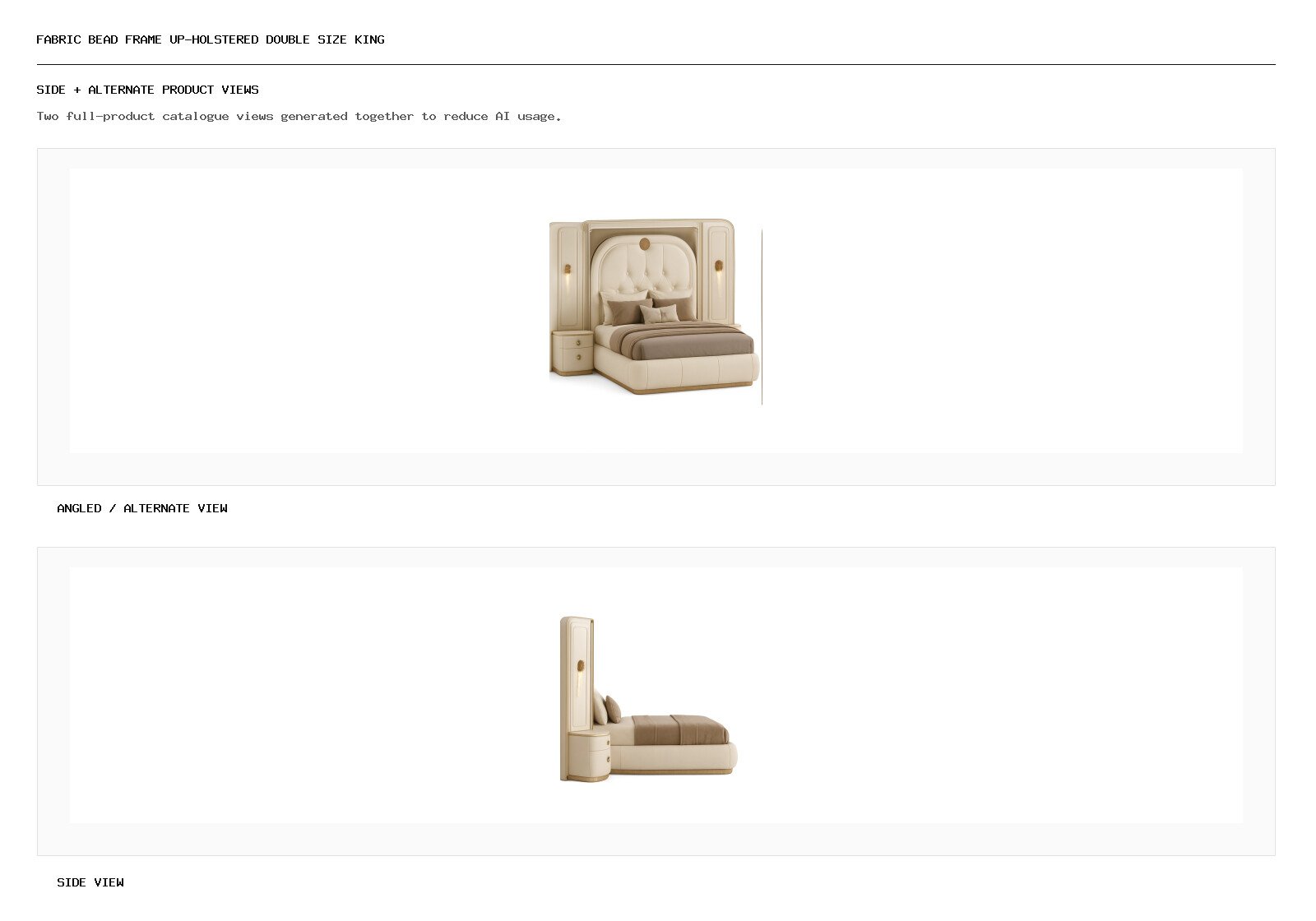 Fabric Bead Frame Up-holstered Double Size King angled alternate and side product views
