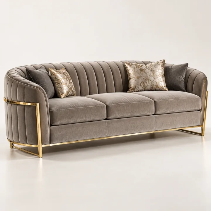 Valencia Curve 3 Seater Sofa – Taupe & Gold