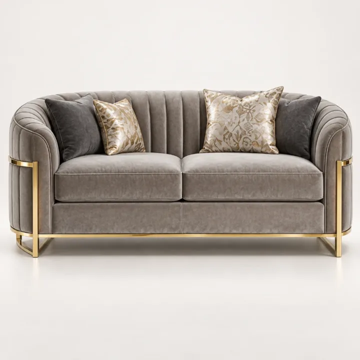 Valencia Curve 2 Seater Sofa – Taupe & Gold