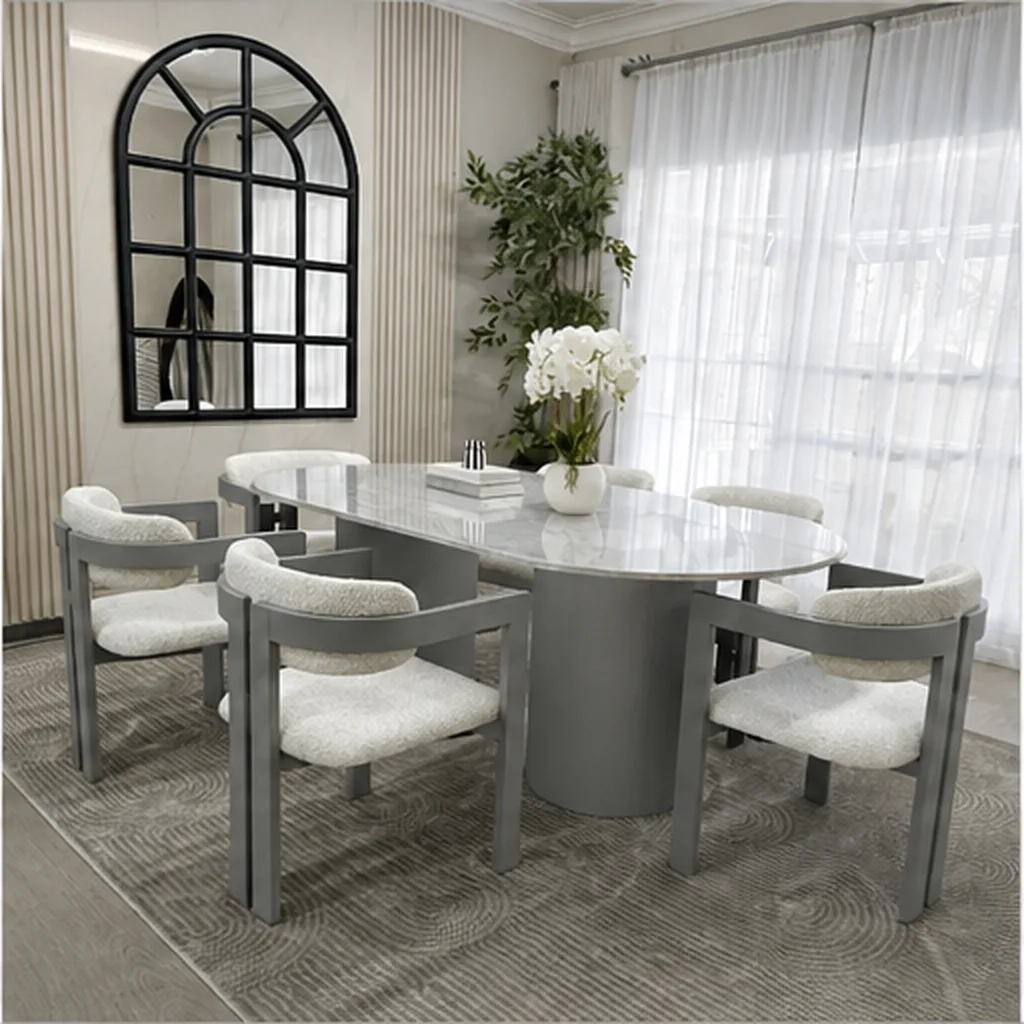 Elegant Oval Marble Dining Table with 6 Chairs - Grey AI