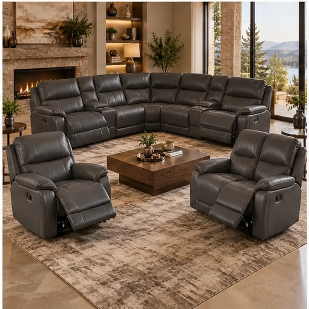 Monaco Luxury Recliner Lounge Suite – Corner Sofa, 2-Seater & Single Recliner – Dark Brown - Charcoal AI