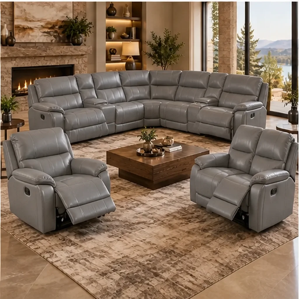 Monaco Luxury Recliner Lounge Suite – Corner Sofa, 2-Seater & Single Recliner – Dark Brown - Grey AI