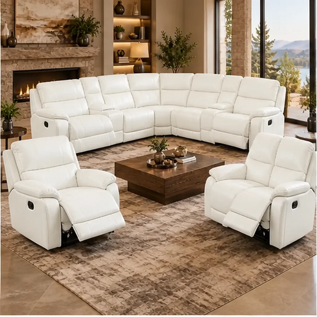 Monaco Luxury Recliner Lounge Suite – Corner Sofa, 2-Seater & Single Recliner – Dark Brown - White AI