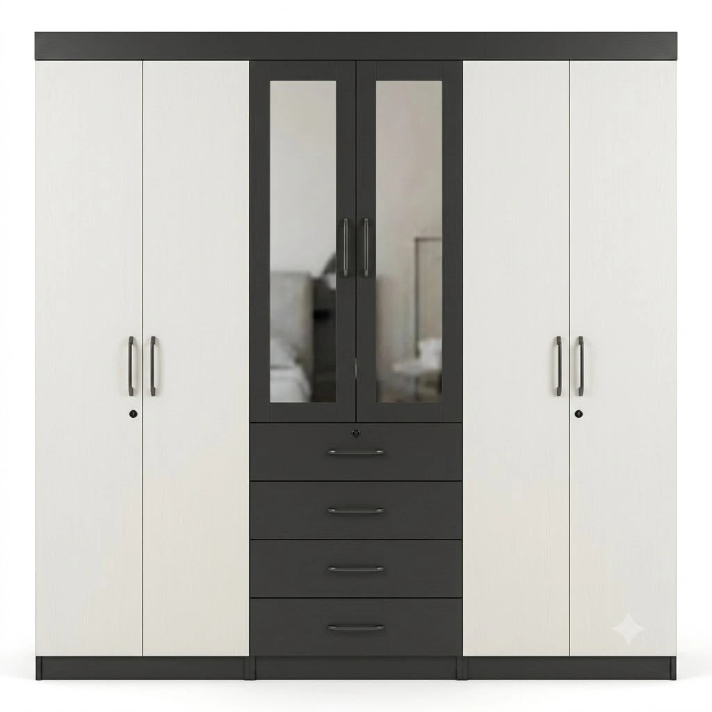 6 Door Wardrobe with Mirror and Drawers featuring a sleek design and built-in storage options.