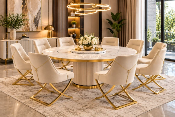 Mia Luxury Round 8-Seater Marble & Gold Dining Suite
