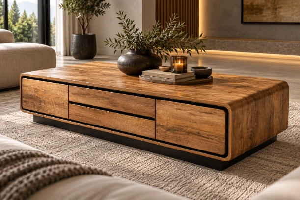 Cortiva Luxe Solid Oak Curved Coffee Table – Natural Oak & Black