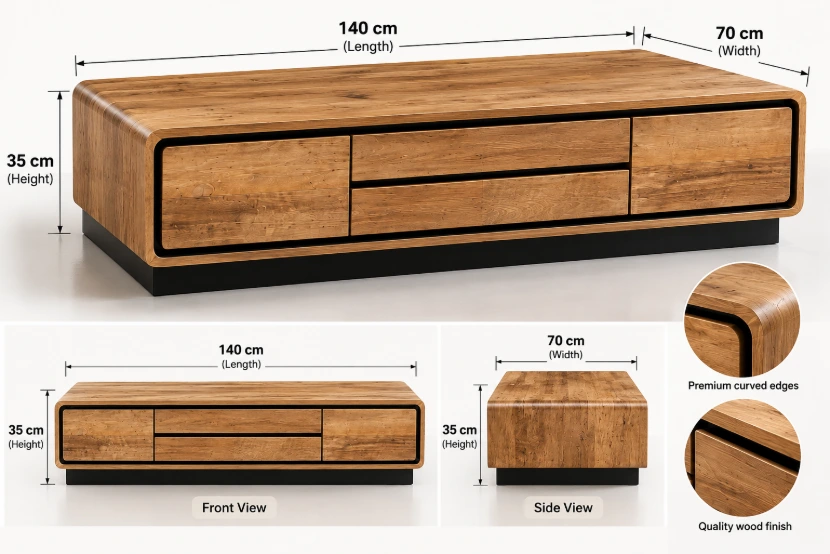 Cortiva Luxe Solid Oak Curved Coffee Table – Natural Oak & Black - Image 3