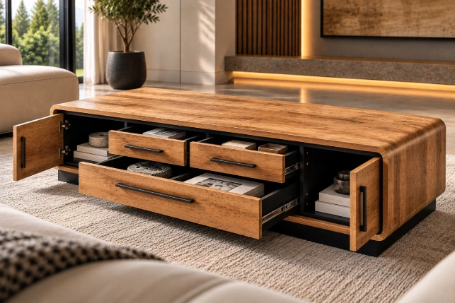 Cortiva Luxe Solid Oak Curved Coffee Table – Natural Oak & Black - Image 4