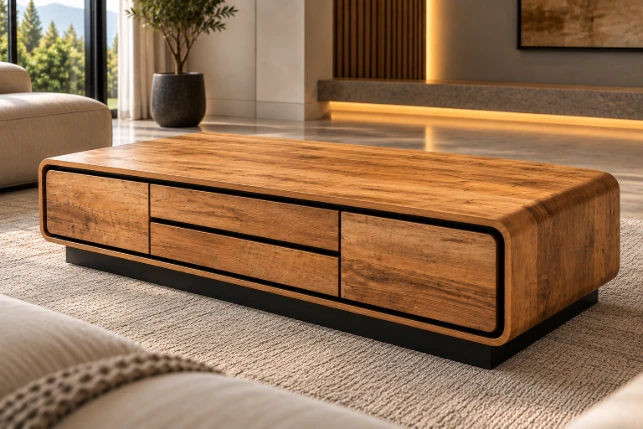 Cortiva Luxe Solid Oak Curved Coffee Table – Natural Oak & Black - Image 2