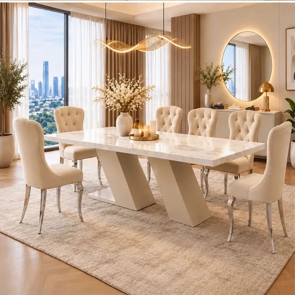 Prestige Marble Dining Table Set with Tufted Chairs - Beige AI