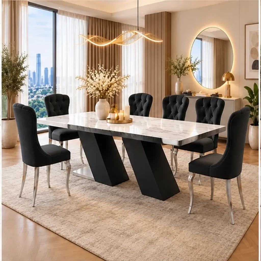 Prestige Marble Dining Table Set with Tufted Chairs - Black AI