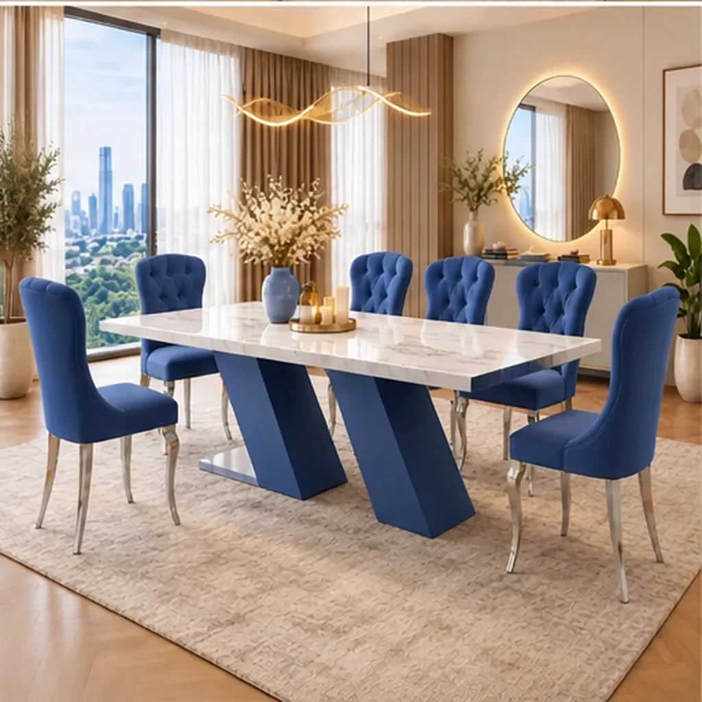 Prestige Marble Dining Table Set with Tufted Chairs - Blue AI