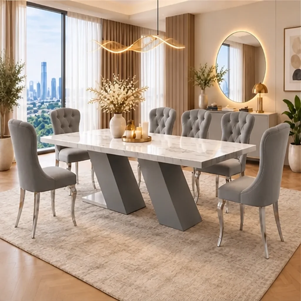 Prestige Marble Dining Table Set with Tufted Chairs - Grey AI